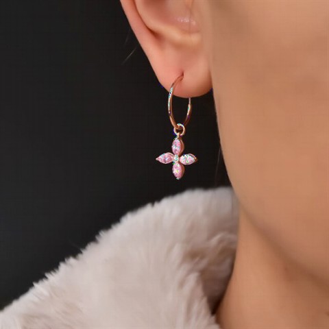 Jewelry & Watches - Pink Zircon Stone Flower Dangle Earrings Rose 100350009 - Turkey