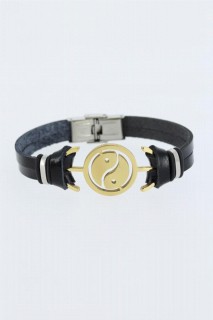 Gold Color Yin Yang Figured Metal Accessory Black Color Leather Men's Bracelet 100318586