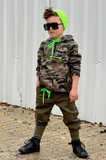 Boy Clothing - Boy Neon Detailed Multi Pocket Beret Khaki Top and Bottom Set 100327163 - Turkey