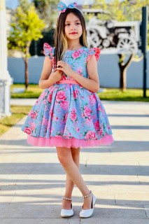 Girl Rose Printed Ruffle Sleeve Skirt Fluffy Tulle Pink Dress 100328506