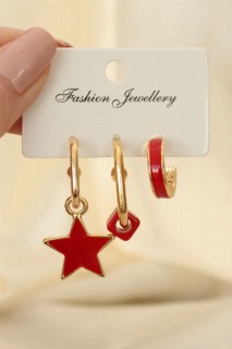 Earrings - Red Enameled Star Pattern Earring Set 100319852 - Turkey