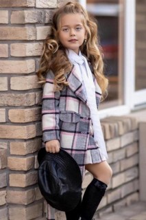 Girl's Plaid Coat and Shirt With Halter Neck Grey-Pink Skirt Suit 100344715