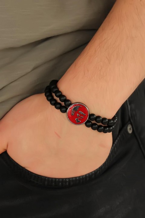 Men - Bracelet pour homme en pierre naturelle d'onyx mat de couleur rouge en métal Atatürk Signature Design 100318479 - Turkey