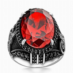 Ottoman Seal Patterned Red Zircon Stone Silver Ring 100346364