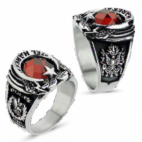 Men - Double Headed Eagle And Moon Star Patterned Pöh Model Stone Silver Men's Ring 100348858 - Turkey