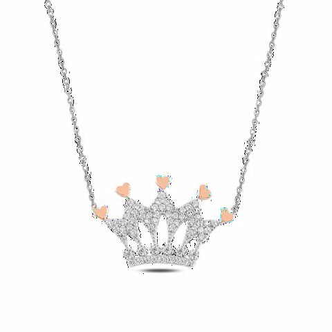 Necklaces - Crown Model Heart Motif Sterling Silver Necklace 100347076 - Turkey