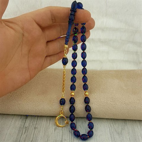 Rosary - Blue Grain Gold Plated Tasseled Fire Amber Rosary 100349429 - Turkey