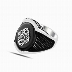 Onyx Stone Oval Solitaire Dot Pattern Silver Ring 100347876