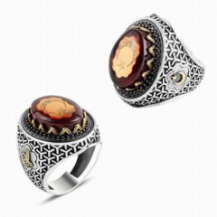 Moon Star Rings - Red Amber Stone Crescent and Star Included Word Tawhid Motif Sterling Silver Ring 100348019 - Turkey