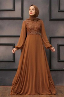 Wedding & Evening - Sunuff Colored Hijab Evening Dress 100337579 - Turkey