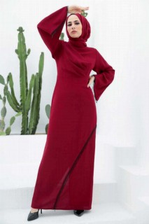 Wedding & Evening - Claret Red Hijab Evening Dress 100339595 - Turkey