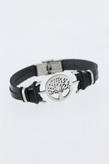 Bracelet - سوار معدني مزين بشجرة فضية اللون أسود اللون للرجال من الجلد 100318604 - Turkey