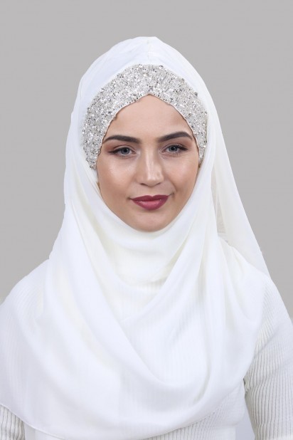 Woman Hijab & Scarf - Stone Design Bonnet Shawl Ecru 100282974 - Turkey