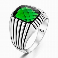 Green Stone Edge Line Motif Sterling Silver Ring 100346391