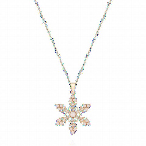 Opal Stone Detailed Snowflake Silver Necklace Rose 100350077