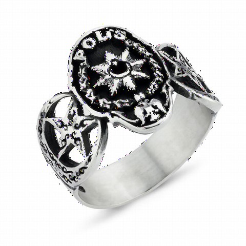 Silver Rings 925 - Police Crest Side Moon Star Patterned Silver Men's Women's Ring 100348859 - Turkey