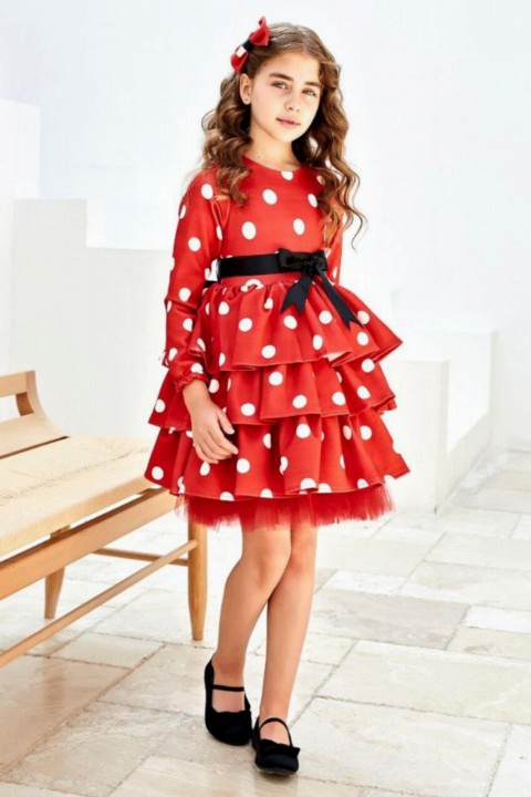 Girl's Waist Ribbon Detailed Layered Polka Dot Red Evening Dress 100326985
