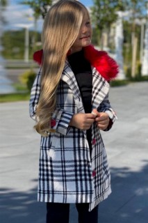 Girl's Collar Fur and Front Button White Plaid Coat Bottom Top Set 100327283