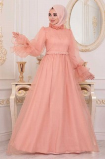 Wedding & Evening - Salmon Pink Hijab Evening Dress 100300030 - Turkey