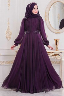 Woman Clothing - Dark Purple Hijab Evening Dress 100333350 - Turkey