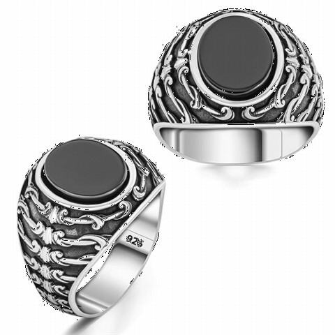 Others - Ivy Patterned Oval Onyx Silver Ring 100350296 - Turkey