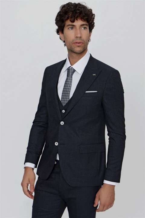 Men's Navy Blue Patterned Vest Slim Fit Slim Fit 6 Drop Suit 100351009