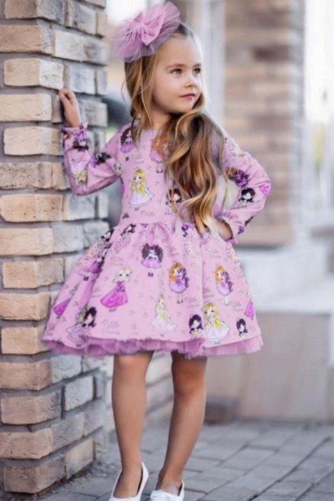 Girl Clothing - فستان بناتي أميرة صغيرة بأكمام طويلة منفوش تول وردي 100327042 - Turkey