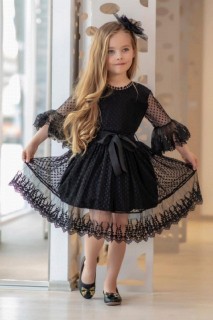 Kids - Mädchen Kind Prinzessin Schwarzes Kleid mit Guipure-Tasche 100326750 - Turkey