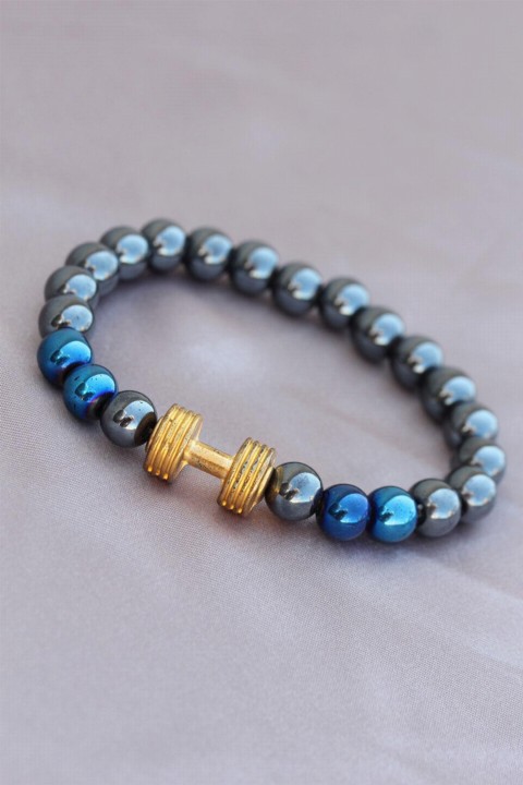 Men - Dumbbell Design Smoked Blue Natural Stone Men's Bracelet 100319018 - Turkey