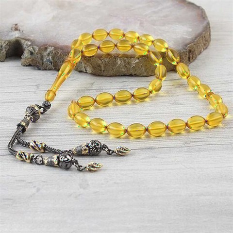 Yellow Colored Tasseled Edging Coated Spinning Amber Rosary 100349518