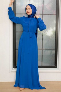 Clothes - Sax Blue Hijab Dress 100340805 - Turkey