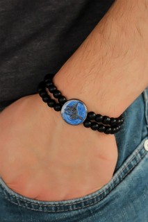 Men - Navy Blue Metal Black Ottoman Tugra Figured Black Color Double Row Natural Stone Men's Bracelet 100318477 - Turkey