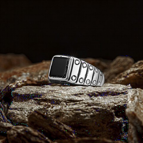 Square Sterling Silver Men's Ring With Onyx Stone 100349667