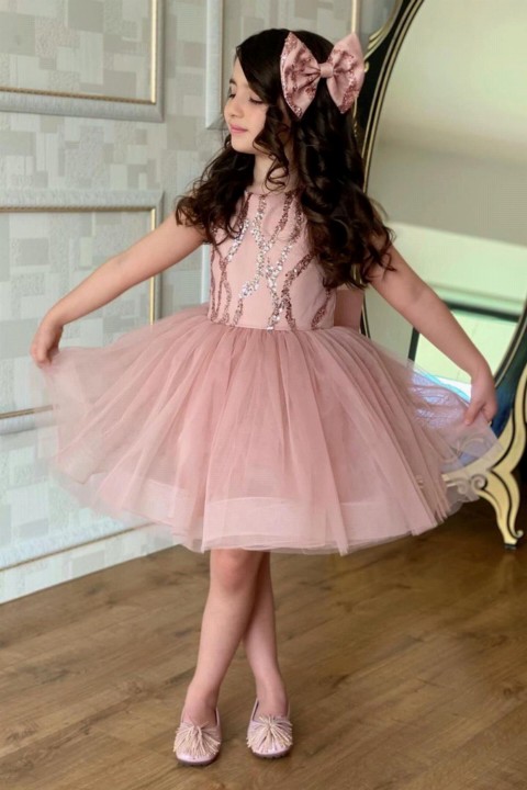 Girls' Pink Evening Dress With Pulp Striped Front Bow And Buckle 100327825