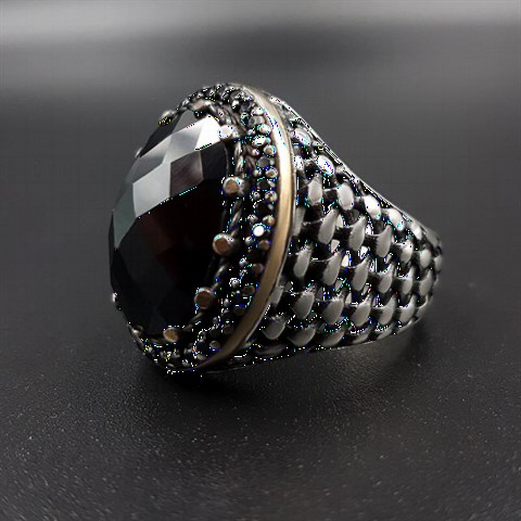 Black Zircon Stone Edges Micro Stone Silver Men's Ring 100349290