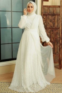 Woman Clothing - White Hijab Evening Dress 100341701 - Turkey