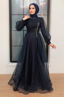 Wedding & Evening - Navy Blue Hijab Evening Dress 100341380 - Turkey