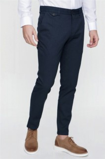 pants - Men's Navy Blue Pitikare Cotton Slim Fit Side Pocket Linen Trousers 100351341 - Turkey
