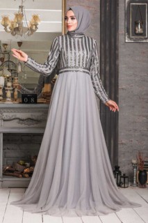 Evening & Party Dresses - Grey Evening Hijab Dress 100333679 - Turkey