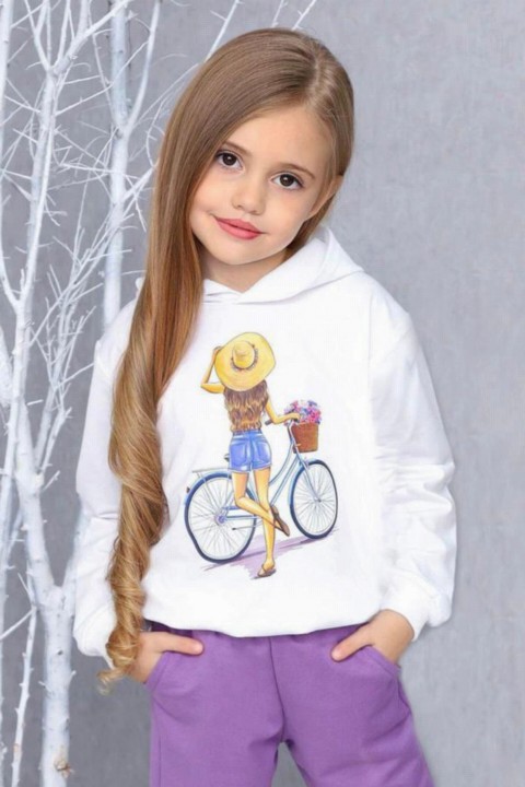 Girl Boy Cycling Girl Printed Hooded Long Sleeve Lilac Tracksuit 100327167