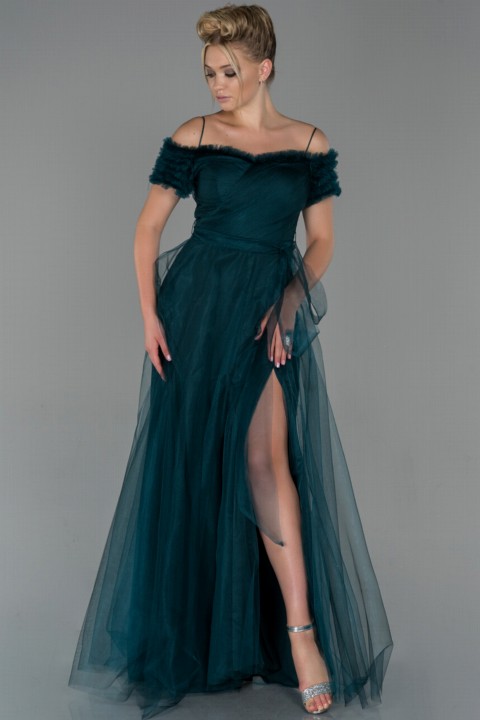 Woman - Evening Dress Short Sleeve Leg Decollete Long Tulle Evening Dress 100297312 - Turkey