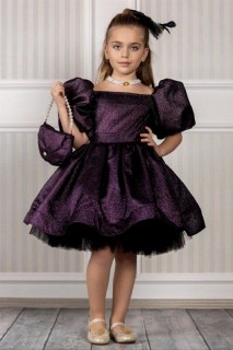 Kids - Girl's Pearl Necklace and Bag Balloon Sleeve Shining Plum Evening Dress 100328115 - Turkey