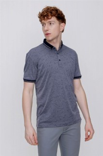 T-Shirt - Men's Navy Blue Mercerized Neckline Striped Printed Buttoned Collar Dynamic Fit Comfortable Cut T-Shirt 100351413 - Turkey