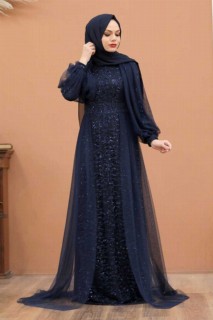 Wedding & Evening - Navy Blue Hijab Evening Dress 100337565 - Turkey