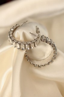 Earrings - Silver Color Baguette Stone Thick Hoop Earrings 100326549 - Turkey
