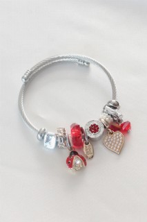 jewelry - Red Color Heart Figure Ladybug Detail Steel Charm Women's Bracelet 100328158 - Turkey