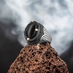 Black Agate Silver Ring With Zircon Stone Around 100346346