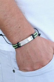Bracelet - Leather Pistachio Green and Black Steel Accessory Detail Men's Bracelet 100318689 - Turkey