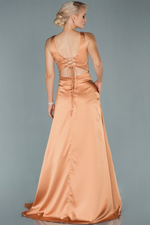 Woman - Evening Dress Double Breasted Neck Low-Cut Back Satin Long Evening Dress 100297081 - Turkey