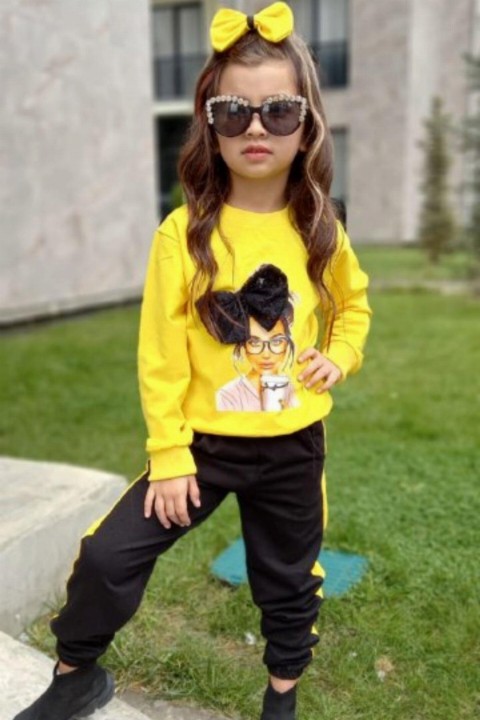 Kids - بدلة رياضية بناتي بفيونكة دانتيل مع بدلة رياضية صفراء مخططة 100327011 - Turkey